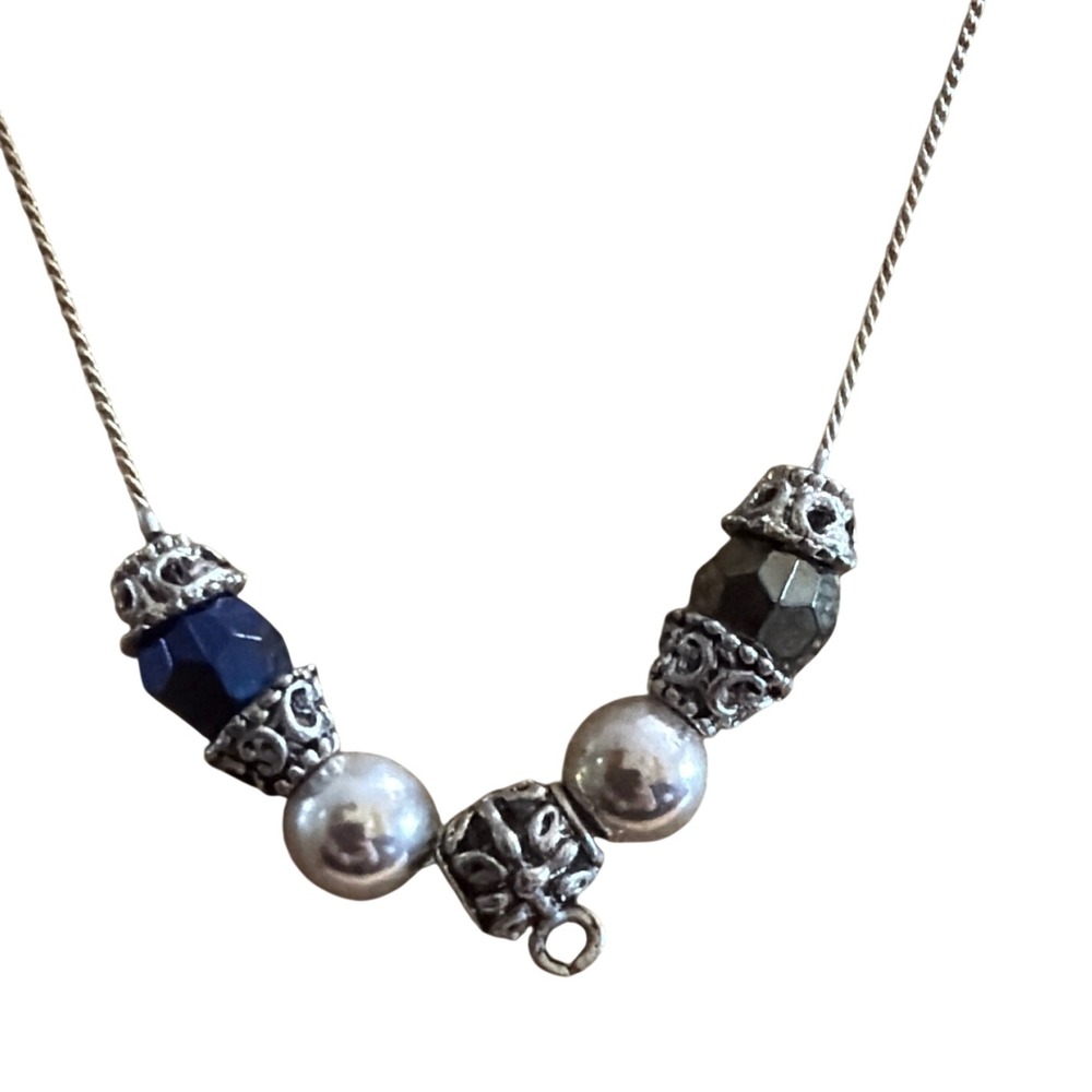 Silver Tone Beaded Filigree Necklace Blue Metallic Beads Layering